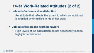 23
Griffin, Management, 10e©2021 Cengage Learning. All Rights Reserved. May not be scanned, copied or duplicated, or posted to a publicly accessible website, in whole or in part.
14-3a Work-Related Attitudes (2 of 2)
• Job satisfaction or dissatisfaction
• An attitude that reflects the extent to which an individual
is gratified by or fulfilled in his or her work
• Job satisfaction and work behaviors
• High levels of job satisfaction do not necessarily lead to
high job performance
 