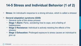 33
Griffin, Management, 10e©2021 Cengage Learning. All Rights Reserved. May not be scanned, copied or duplicated, or posted to a publicly accessible website, in whole or in part.
14-5 Stress and Individual Behavior (1 of 2)
• Stress: An individual’s response to a strong stimulus, which is called a stressor
• General adaptation syndrome (GAS)
− General cycle of the stress process
− Stage 1 Alarm: Panic, wondering how to cope, and a feeling of
helplessness
− Stage 2 Resistance: Individual is actively resisting the effects of the
stressor
− Stage 3 Exhaustion: Prolonged exposure to stress causes an individual to
give up
 