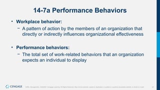 47
Griffin, Management, 10e©2021 Cengage Learning. All Rights Reserved. May not be scanned, copied or duplicated, or posted to a publicly accessible website, in whole or in part.
14-7a Performance Behaviors
• Workplace behavior:
− A pattern of action by the members of an organization that
directly or indirectly influences organizational effectiveness
• Performance behaviors:
− The total set of work-related behaviors that an organization
expects an individual to display
 