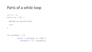 Parts of a while loop
int x = 1;
while (x < 10) {
System.out.println(x);
x++;
}
int product = 2;
while ( product <= 1000 )
product = 2 * product;
 