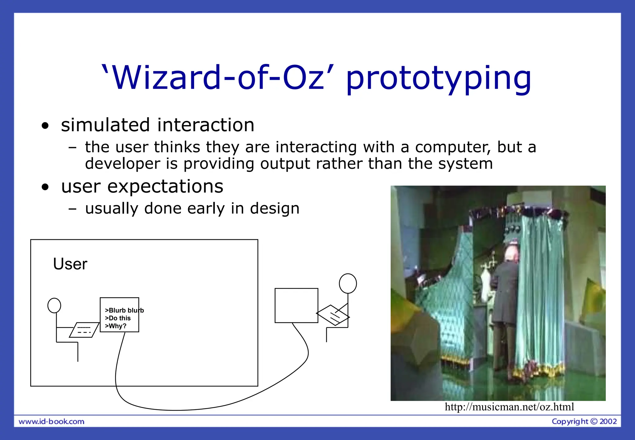 >Blurb blurb
>Do this
>Why?
User
‘Wizard-of-Oz’ prototyping
• simulated interaction
– the user thinks they are interacting with a computer, but a
developer is providing output rather than the system
• user expectations
– usually done early in design
http://musicman.net/oz.html
 