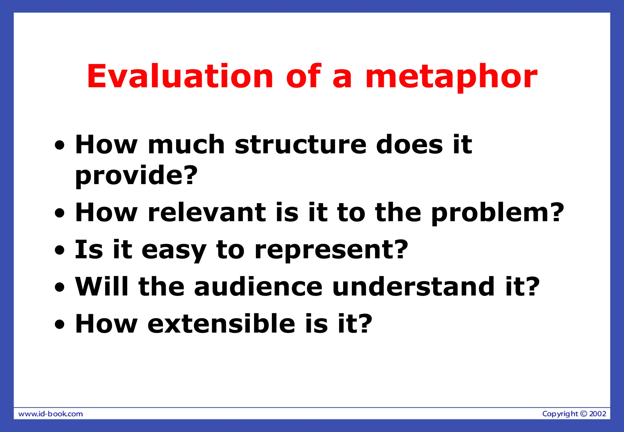 Evaluation of a metaphor
• How much structure does it
provide?
• How relevant is it to the problem?
• Is it easy to represent?
• Will the audience understand it?
• How extensible is it?
 