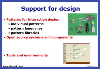 www.id-book.com
Support for design
• Patterns for interaction design
• individual patterns
• pattern languages
• pattern libraries
• Open source systems and components
• Tools and environments
 