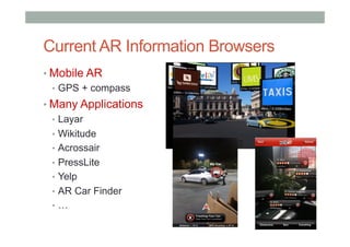 Current AR Information Browsers
• Mobile AR
•  GPS + compass
• Many Applications
•  Layar
•  Wikitude
•  Acrossair
•  PressLite
•  Yelp
•  AR Car Finder
•  …
 
