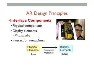 • Interface Components
• Physical components
• Display elements
• Visual/audio
• Interaction metaphors
Physical
Elements
Display
ElementsInteraction
Metaphor
Input Output
AR Design Principles
 