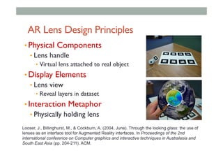 AR Lens Design Principles
• Physical Components
• Lens handle
•  Virtual lens attached to real object
• Display Elements
• Lens view
•  Reveal layers in dataset
• Interaction Metaphor
• Physically holding lens
Looser, J., Billinghurst, M., & Cockburn, A. (2004, June). Through the looking glass: the use of
lenses as an interface tool for Augmented Reality interfaces. In Proceedings of the 2nd
international conference on Computer graphics and interactive techniques in Australasia and
South East Asia (pp. 204-211). ACM.
 