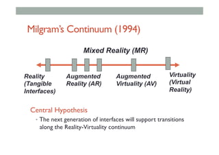 Milgram’s Continuum (1994)
Reality
(Tangible
Interfaces)
Virtuality
(Virtual
Reality)
Augmented
Reality (AR)
Augmented
Virtuality (AV)
Mixed Reality (MR)
Central Hypothesis
•  The next generation of interfaces will support transitions
along the Reality-Virtuality continuum
 