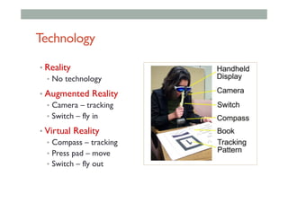 Technology
• Reality
•  No technology
• Augmented Reality
•  Camera – tracking
•  Switch – fly in
• Virtual Reality
•  Compass – tracking
•  Press pad – move
•  Switch – fly out
 