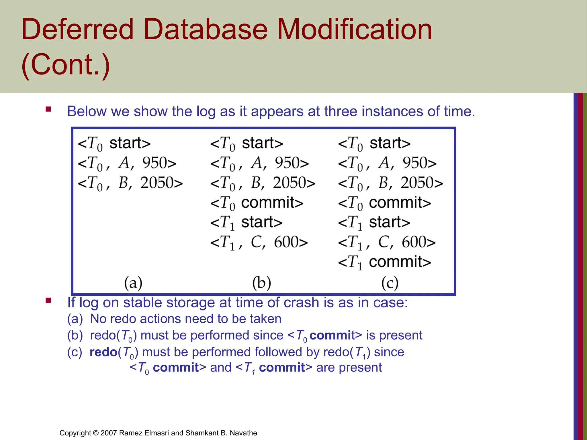 Copyright © 2007 Ramez Elmasri and Shamkant B. Navathe
Deferred Database Modification
(Cont.)
 Below we show the log as it appears at three instances of time.
 If log on stable storage at time of crash is as in case:
(a) No redo actions need to be taken
(b) redo(T0) must be performed since <T0 commit> is present
(c) redo(T0) must be performed followed by redo(T1) since
<T0 commit> and <T1 commit> are present
 