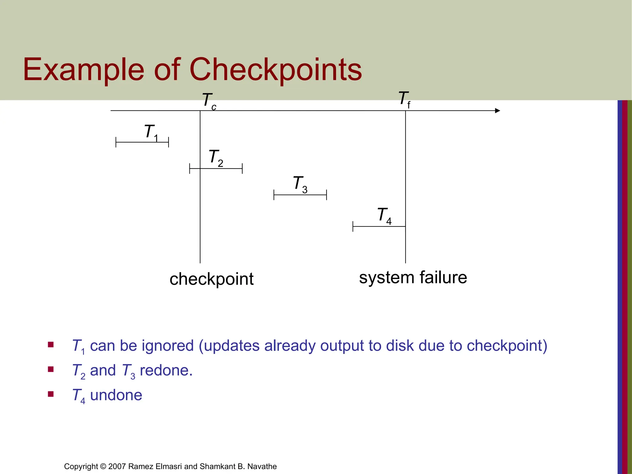 Copyright © 2007 Ramez Elmasri and Shamkant B. Navathe
Example of Checkpoints
 T1 can be ignored (updates already output to disk due to checkpoint)
 T2 and T3 redone.
 T4 undone
Tc
Tf
T1
T2
T3
T4
checkpoint system failure
 