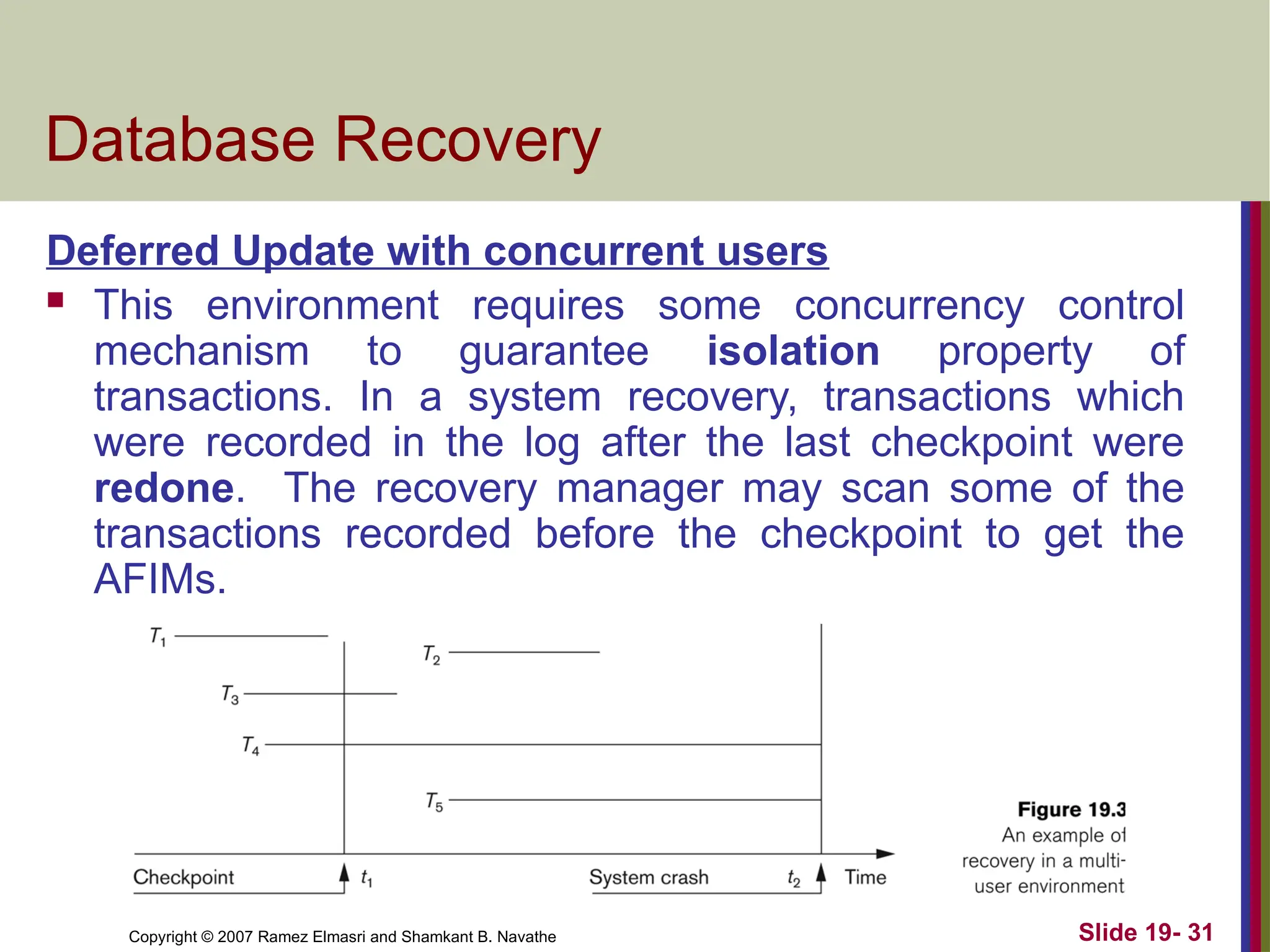 Copyright © 2007 Ramez Elmasri and Shamkant B. Navathe Slide 19- 31
Database Recovery
Deferred Update with concurrent users
 This environment requires some concurrency control
mechanism to guarantee isolation property of
transactions. In a system recovery, transactions which
were recorded in the log after the last checkpoint were
redone. The recovery manager may scan some of the
transactions recorded before the checkpoint to get the
AFIMs.
 