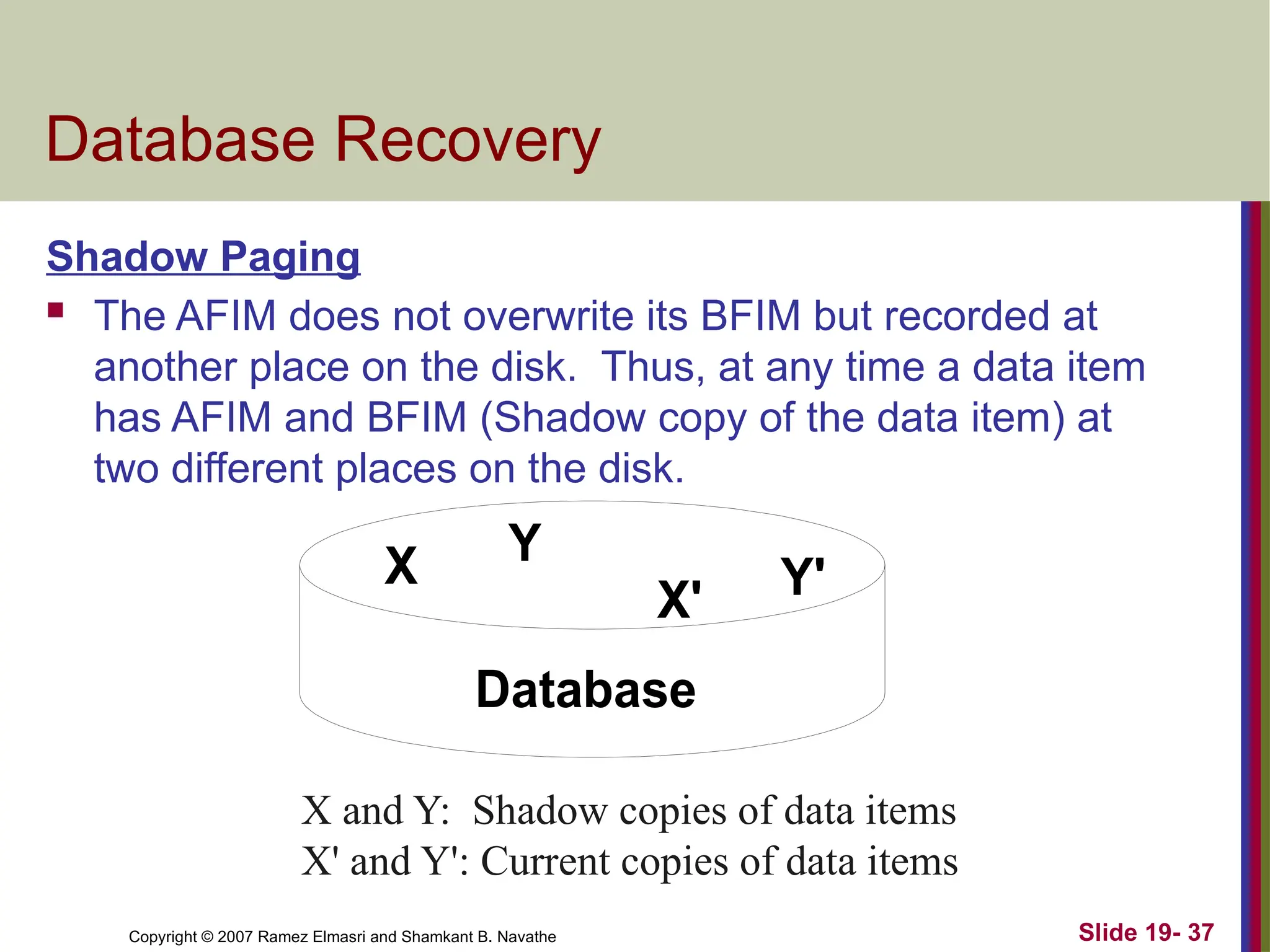 Copyright © 2007 Ramez Elmasri and Shamkant B. Navathe Slide 19- 37
Database Recovery
Shadow Paging
 The AFIM does not overwrite its BFIM but recorded at
another place on the disk. Thus, at any time a data item
has AFIM and BFIM (Shadow copy of the data item) at
two different places on the disk.
X Y
Database
X' Y'
X and Y: Shadow copies of data items
X' and Y': Current copies of data items
 
