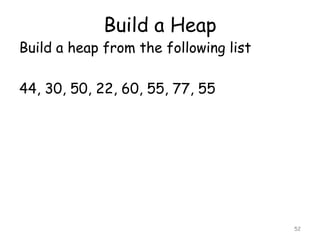 Build a Heap

Build a heap from the following list

44, 30, 50, 22, 60, 55, 77, 55

52

 