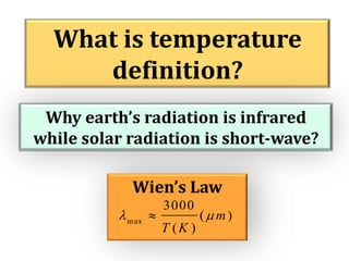 What is temperature
definition?
Why earth’s radiation is infrared
while solar radiation is short-wave?
Wien’s Law
 m ax 

3000
T (K )

( m)

 