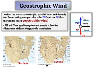 Geostrophic Wind
when the isobars are straight, parallel lines, and the only
two forces acting on a parcel are the PGF and the CF, then
the wind is called geostrophic

wind

L
475 mb

• PGF and CF are equal in magnitude and opposite in direction
• Geostrophic winds are always parallel to the isobars

PGF
CF

Wind
500 mb

H

500 mb

Surface

2

 