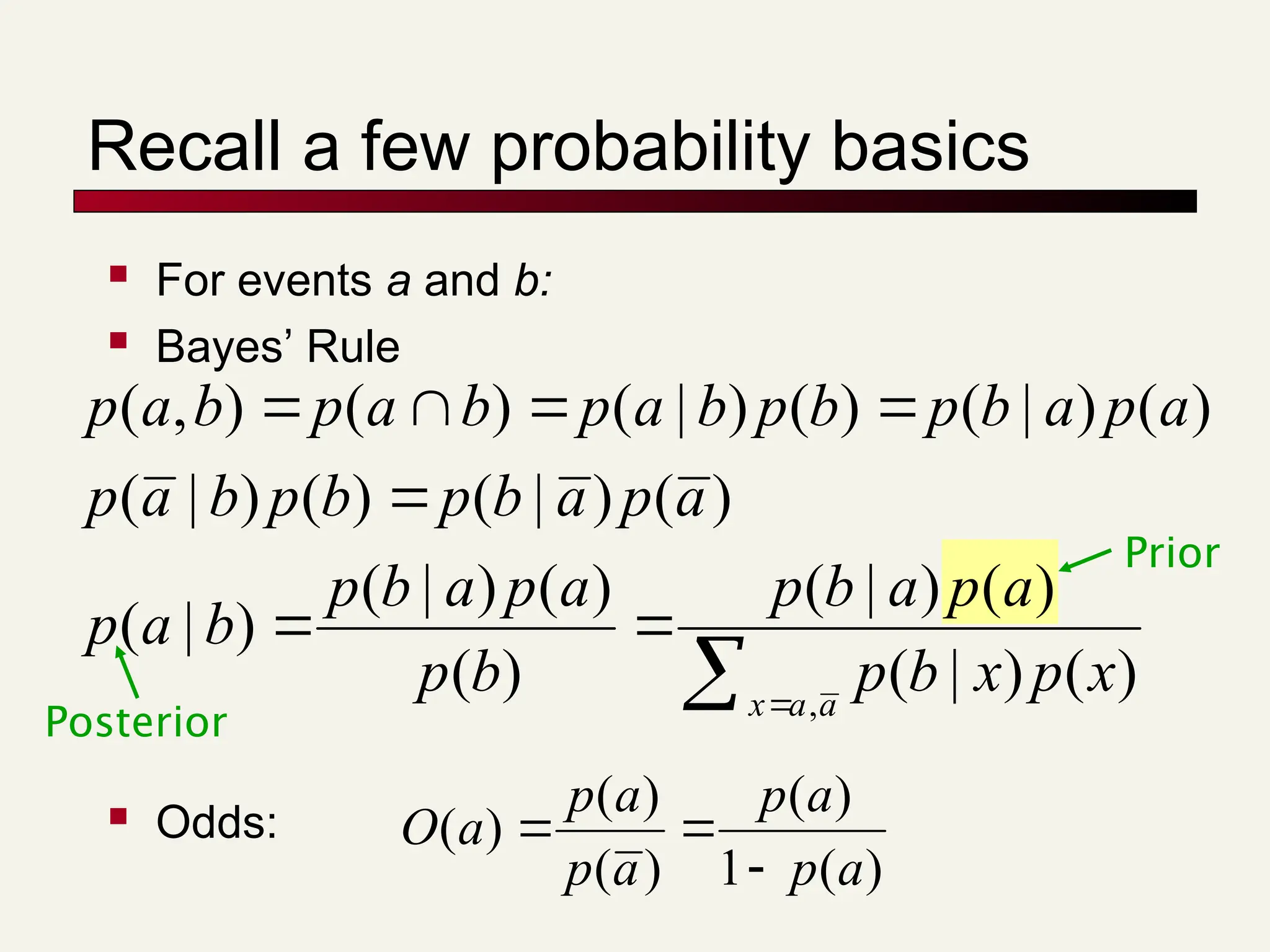 Recall a few probability basics
 For events a and b:
 Bayes’ Rule
 Odds:
 







a
a
x
x
p
x
b
p
a
p
a
b
p
b
p
a
p
a
b
p
b
a
p
a
p
a
b
p
b
p
b
a
p
a
p
a
b
p
b
p
b
a
p
b
a
p
b
a
p
,
)
(
)
|
(
)
(
)
|
(
)
(
)
(
)
|
(
)
|
(
)
(
)
|
(
)
(
)
|
(
)
(
)
|
(
)
(
)
|
(
)
(
)
,
(
)
(
1
)
(
)
(
)
(
)
(
a
p
a
p
a
p
a
p
a
O



Posterior
Prior
 
