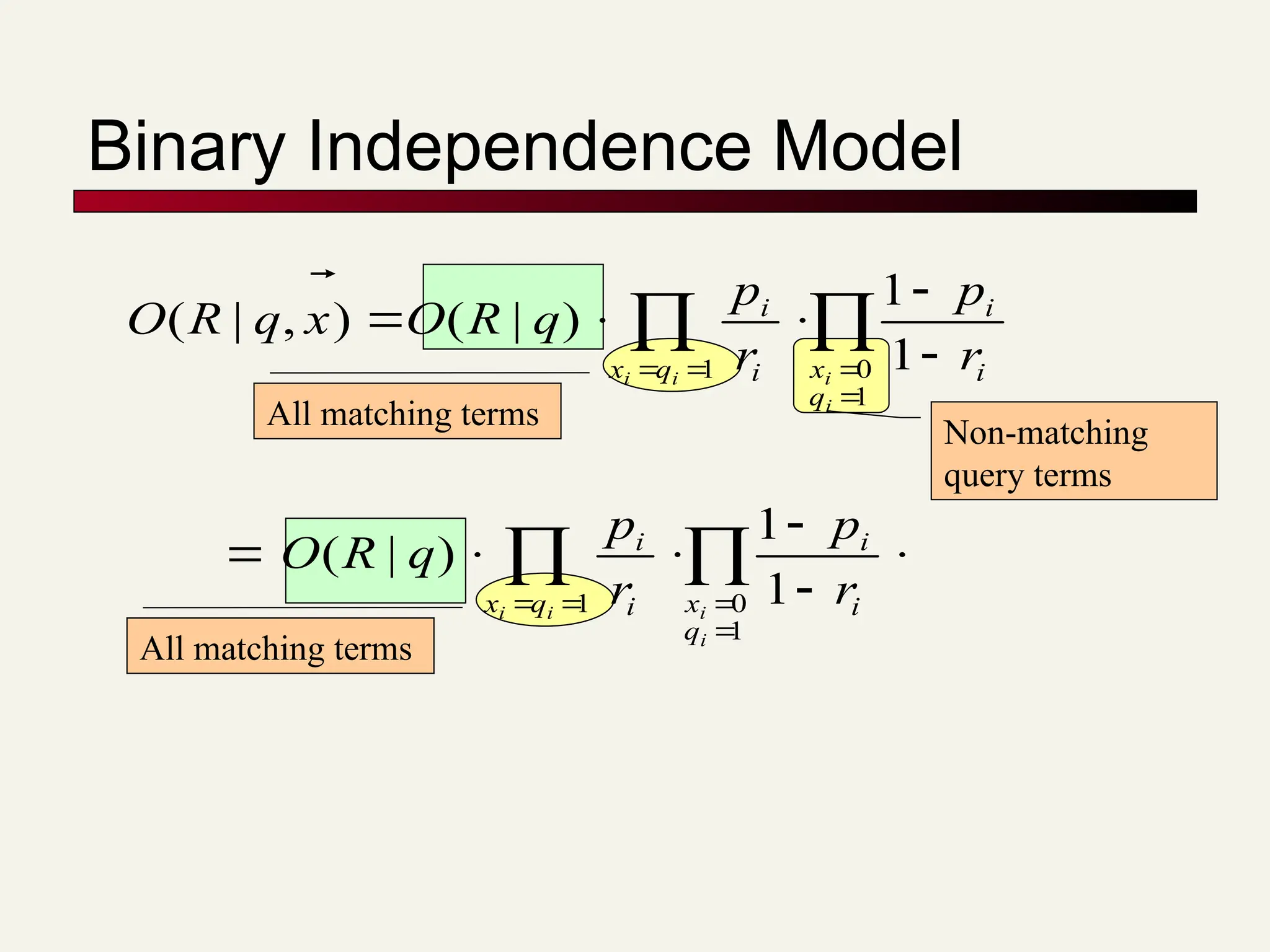 All matching terms
Non-matching
query terms
Binary Independence Model
All matching terms























1
0
1
1
0
1
1
1
)
|
(
1
1
)
|
(
)
,
|
(
i
i
i
i
i
i
i
i
q
x i
i
q
x i
i
q
x i
i
q
x i
i
r
p
r
p
q
R
O
r
p
r
p
q
R
O
x
q
R
O

 