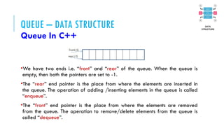 QUEUE – DATA STRUCTURE
Queue In C++
•We have two ends i.e. “front” and “rear” of the queue. When the queue is
empty, then both the pointers are set to -1.
•The “rear” end pointer is the place from where the elements are inserted in
the queue. The operation of adding /inserting elements in the queue is called
“enqueue”.
•The “front” end pointer is the place from where the elements are removed
from the queue. The operation to remove/delete elements from the queue is
called “dequeue”.
 