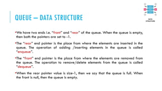 QUEUE – DATA STRUCTURE
•We have two ends i.e. “front” and “rear” of the queue. When the queue is empty,
then both the pointers are set to -1.
•The “rear” end pointer is the place from where the elements are inserted in the
queue. The operation of adding /inserting elements in the queue is called
“enqueue”.
•The “front” end pointer is the place from where the elements are removed from
the queue. The operation to remove/delete elements from the queue is called
“dequeue”.
•When the rear pointer value is size-1, then we say that the queue is full. When
the front is null, then the queue is empty.
 