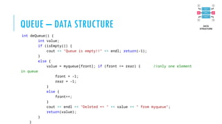 QUEUE – DATA STRUCTURE
int deQueue() {
int value;
if (isEmpty()) {
cout << "Queue is empty!!" << endl; return(-1);
}
else {
value = myqueue[front]; if (front >= rear) { //only one element
in queue
front = -1;
rear = -1;
}
else {
front++;
}
cout << endl << "Deleted => " << value << " from myqueue";
return(value);
}
}
 