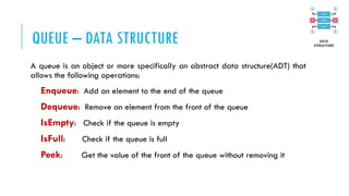 QUEUE – DATA STRUCTURE
A queue is an object or more specifically an abstract data structure(ADT) that
allows the following operations:
Enqueue: Add an element to the end of the queue
Dequeue: Remove an element from the front of the queue
IsEmpty: Check if the queue is empty
IsFull: Check if the queue is full
Peek: Get the value of the front of the queue without removing it
 
