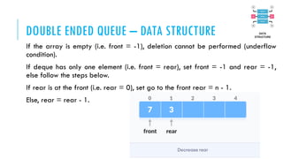 DOUBLE ENDED QUEUE – DATA STRUCTURE
If the array is empty (i.e. front = -1), deletion cannot be performed (underflow
condition).
If deque has only one element (i.e. front = rear), set front = -1 and rear = -1,
else follow the steps below.
If rear is at the front (i.e. rear = 0), set go to the front rear = n - 1.
Else, rear = rear - 1.
 