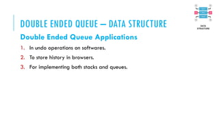DOUBLE ENDED QUEUE – DATA STRUCTURE
Double Ended Queue Applications
1. In undo operations on softwares.
2. To store history in browsers.
3. For implementing both stacks and queues.
 