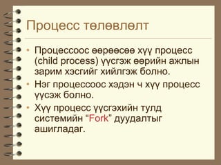 Ïðîöåññ òºëºâëºëò
• Ïðîöåññîîñ ººðººñºº õ¿¿ ïðîöåññ
  (child process) ¿¿ñãýæ ººðèéí àæëûí
  çàðèì õýñãèéã õèéëãýæ áîëíî.
• Íýã ïðîöåññîîñ õýäýí ÷ õ¿¿ ïðîöåññ
  ¿¿ñýæ áîëíî.
• Õ¿¿ ïðîöåññ ¿¿ñãýõèéí òóëä
  ñèñòåìèéí “Fork” äóóäàëòûã
  àøèãëàäàã.
 