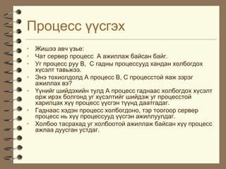 Ïðîöåññ ¿¿ñãýõ
• Æèøýý àâ÷ ¿çüå:
• ×àò ñåðâåð ïðîöåññ À àæèëëàæ áàéñàí áàéã.
• Óã ïðîöåññ ðóó B, C ãàäíû ïðîöåññóóä õàíäàí õîëáîãäîõ
  õ¿ñýëò òàâüæýý.
• Ýíý òîõèîëäîëä À ïðîöåññ B, C ïðîöåññòîé ÿàæ çýðýã
  àæèëëàõ âý?
• ¯¿íèéã øèéäýõèéí òóëä À ïðîöåññ ãàäíààñ õîëáîãäîõ õ¿ñýëò
  îðæ èðýõ áîëãîíä óã õ¿ñýëòèéã øèéäýæ óã ïðîöåññòîé
  õàðèëöàõ õ¿¿ ïðîöåññ ¿¿ñãýí ò¿¿íä äààòãàäàã.
• Ãàäíààñ õýäýí ïðîöåññ õîëáîãäîíî, òýð òîîãîîð ñåðâåð
  ïðîöåññ íü õ¿¿ ïðîöåññóóä ¿¿ñãýí àæèëëóóëäàã.
• Õîëáîî òàñðàõàä óã õîëáîîòîé àæèëëàæ áàéñàí õ¿¿ ïðîöåññ
  àæëàà äóóñãàí óñòäàã.
 