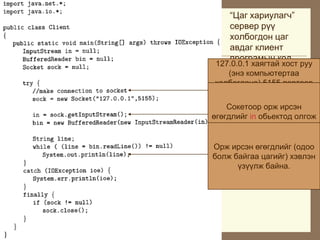 “Öàã õàðèóëàã÷”
    ñåðâåð ð¿¿
    õîëáîãäîí öàã
    àâäàã êëèåíò
    ïðîãðàìûí êîä.
 127.0.0.1 õàÿãòàé õîñò ðóó
    (ýíý êîìïüþòåðòàà
 õîëáîãäîíî) 5155 ïîðòîîð
 õîëáîãäîõûã îðîëäîõ ãýæ
  áàéíà. Ñåðâåð ïðîãðàì
    Ñîêåòîîð îðæ èðñýí
 ìààíü ýíý ïîðòîîð õ¿ëýýæ
ºãºãäëèéã in îáüåêòîä îëãîæ
           áàéãàà.
           áàéíà.

Îðæ èðñýí ºãºãäëèéã (îäîî
áîëæ áàéãàà öàãèéã) õýâëýí
      ¿ç¿¿ëæ áàéíà.
 