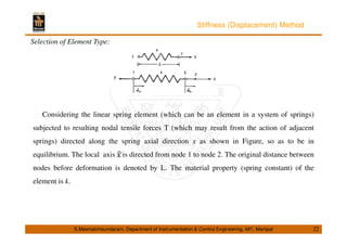 Stiffness (Displacement) Method 
Selection of Element Type: 
Considering the linear spring element (which can be an element in a system of springs) 
subjected to resulting nodal tensile forces T (which may result from the action of adjacent 
springs) directed along the spring axial direction x as shown in Figure, so as to be in 
equilibrium. The local axis is directed from node 1 to node 2. The original distance between 
nodes before deformation is denoted by L. The material property (spring constant) of the 
element is k. 
S.Meenatchisundaram, Department of Instrumentation  Control Engineering, MIT, Manipal 22 
 