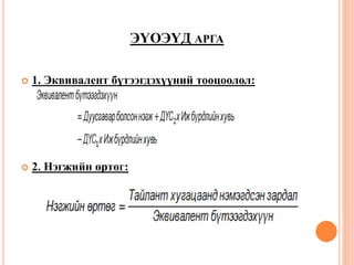 ЭҮОЭҮД АРГА
 1. Эквивалент бүтээгдэхүүний тооцоолол:
 2. Нэгжийн өртөг:
 