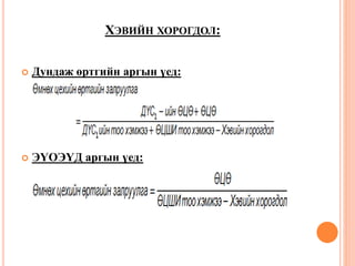 ХЭВИЙН ХОРОГДОЛ:
 Дундаж өртгийн аргын үед:
 ЭҮОЭҮД аргын үед:
 