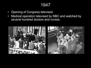 1947 Opening of Congress televised. Medical operation televised by NBC and watched by several hundred doctors and nurses. 
