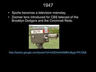 1947 Sports becomes a television mainstay.  Zoomar lens introduced for CBS telecast of the Brooklyn Dodgers and the Cincinnati Reds. http://books.google.com/books?id=kiQDAAAAMBAJ&pg=PA126&lpg=PA126&dq=zoomar+1947&source=bl&ots=8szmvxupYk&sig=TR75yiv_smY65IHEb-Mrx2GSB0k&hl=en&ei=Q12zTJf9CYSBlAftlsGxCg&sa=X&oi=book_result&ct=result&resnum=7&ved=0CC8Q6AEwBg#v=onepage&q&f=false 