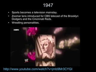 1947 Sports becomes a television mainstay.  Zoomar lens introduced for CBS telecast of the Brooklyn Dodgers and the Cincinnati Reds. Wrestling personalities. http://www.youtube.com/watch?v=jmb9Mr3CYGI 