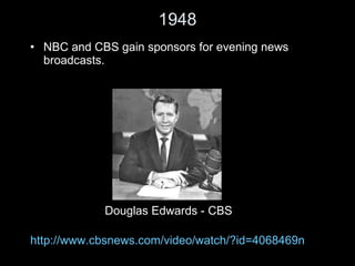 1948 NBC and CBS gain sponsors for evening news broadcasts. http://www.cbsnews.com/video/watch/?id=4068469n Douglas Edwards - CBS 