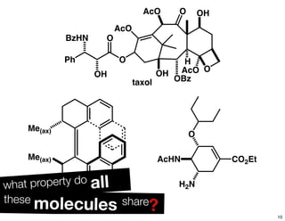 O
AcO
H
OH
OBz
OH
O
O
OH
Ph
BzHN
AcO O
AcO
taxol
Me(ax)
Me(ax)
AcHN
O
H2N
CO2Et
what property do all
these
molecules share
? 10
 