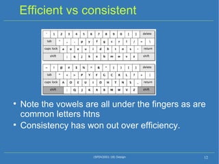Efficient vs consistent Note the vowels are all under the fingers as are common letters htns  Consistency has won out over efficiency. (SFDV2001:18) Design 
