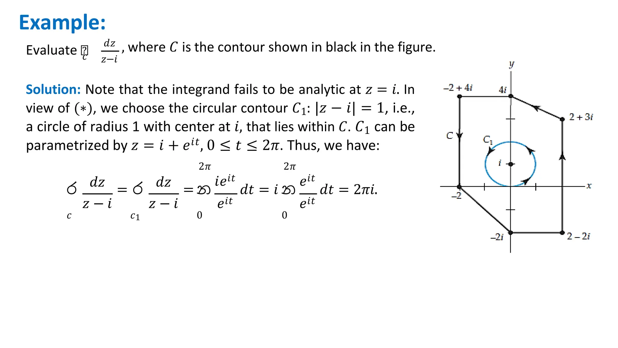 Evaluate ‫׬‬
𝑐
𝑑𝑧 , where 𝐶 is the contour shown in black in the figure.
𝑧−𝑖
Example:
Solution: Note that the integrand fails to be analytic at 𝑧 = 𝑖. In
view of (∗), we choose the circular contour 𝐶1: |𝑧 − 𝑖| = 1, i.e.,
a circle of radius 1 with center at 𝑖, that lies within 𝐶. 𝐶1 can be
parametrized by 𝑧 = 𝑖 + 𝑒𝑖𝑡, 0 ≤ 𝑡 ≤ 2𝜋. Thus, we have:
𝑑𝑧 𝑑𝑧
2𝜋
𝑖𝑒𝑖𝑡
𝑐 𝑐1 0 0
2𝜋
𝑒𝑖𝑡
ර = ර = න 𝑑𝑡 = 𝑖 න 𝑑𝑡 = 2𝜋𝑖.
𝑧 − 𝑖 𝑧 − 𝑖 𝑒𝑖𝑡 𝑒𝑖𝑡
 
