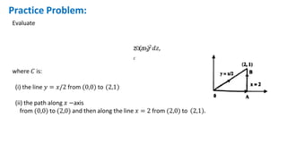 Practice Problem:
Evaluate
න(𝑧ҧ)2𝑑𝑧,
𝑐
where 𝐶 is:
(i) the line 𝑦 = 𝑥/2 from (0,0) to 2,1
(ii) the path along 𝑥 −axis
from (0,0) to (2,0) and then along the line 𝑥 = 2 from (2,0) to 2,1 .
 