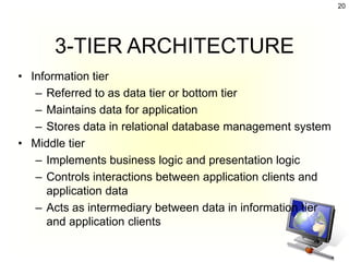 20




      3-TIER ARCHITECTURE
• Information tier
   – Referred to as data tier or bottom tier
   – Maintains data for application
   – Stores data in relational database management system
• Middle tier
   – Implements business logic and presentation logic
   – Controls interactions between application clients and
     application data
   – Acts as intermediary between data in information tier
     and application clients
 