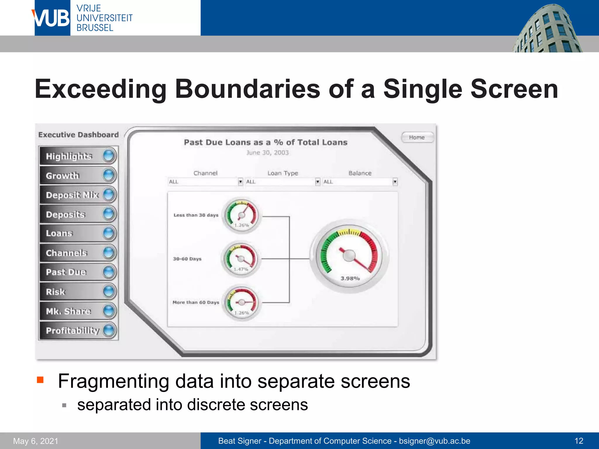 Beat Signer - Department of Computer Science - bsigner@vub.ac.be 12
May 6, 2021
Exceeding Boundaries of a Single Screen
▪ Fragmenting data into separate screens
▪ separated into discrete screens
 