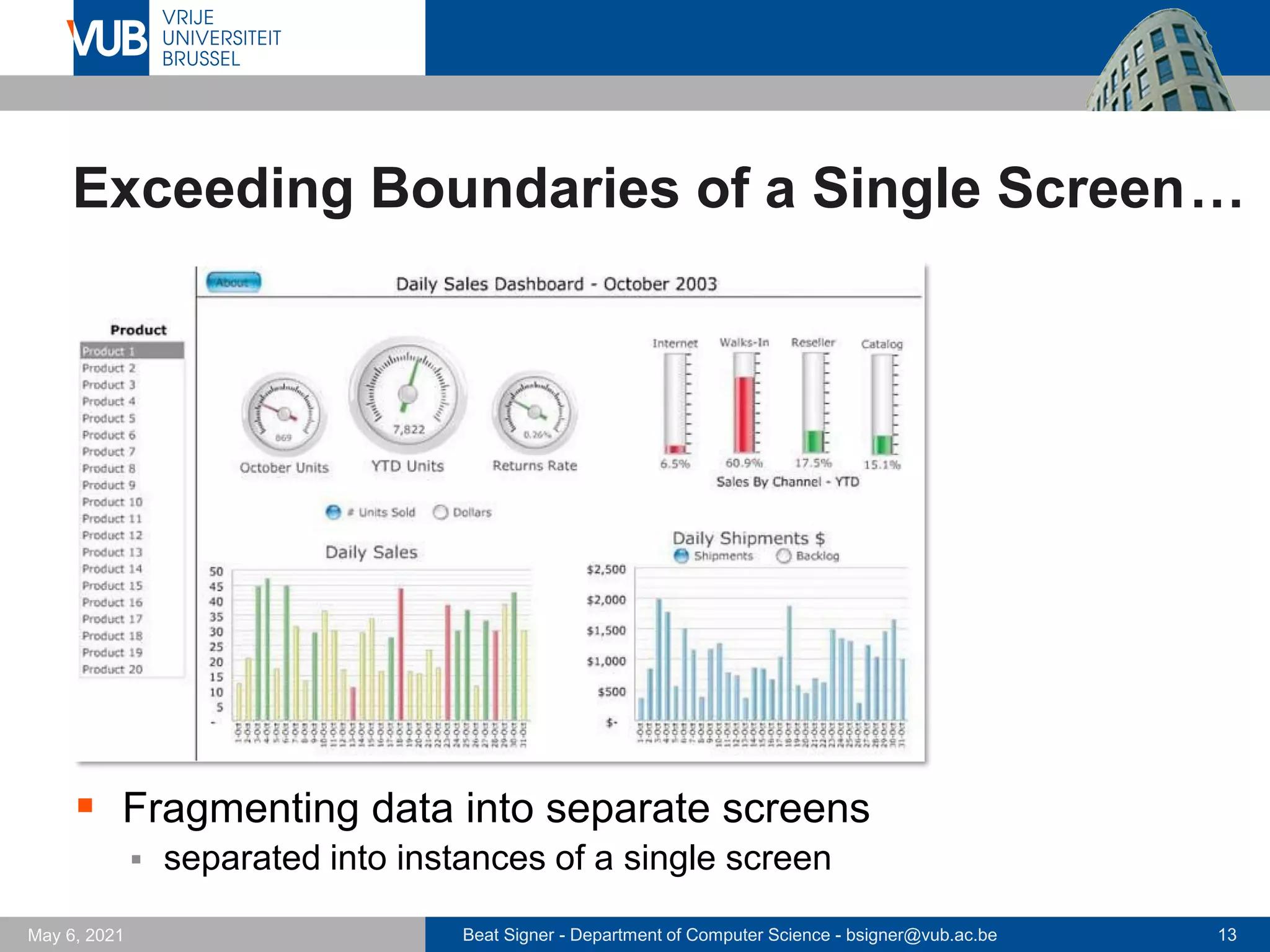Beat Signer - Department of Computer Science - bsigner@vub.ac.be 13
May 6, 2021
Exceeding Boundaries of a Single Screen…
▪ Fragmenting data into separate screens
▪ separated into instances of a single screen
 
