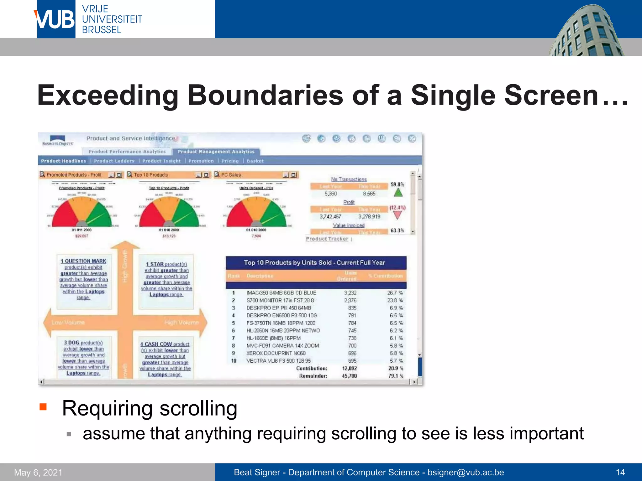 Beat Signer - Department of Computer Science - bsigner@vub.ac.be 14
May 6, 2021
Exceeding Boundaries of a Single Screen…
▪ Requiring scrolling
▪ assume that anything requiring scrolling to see is less important
 