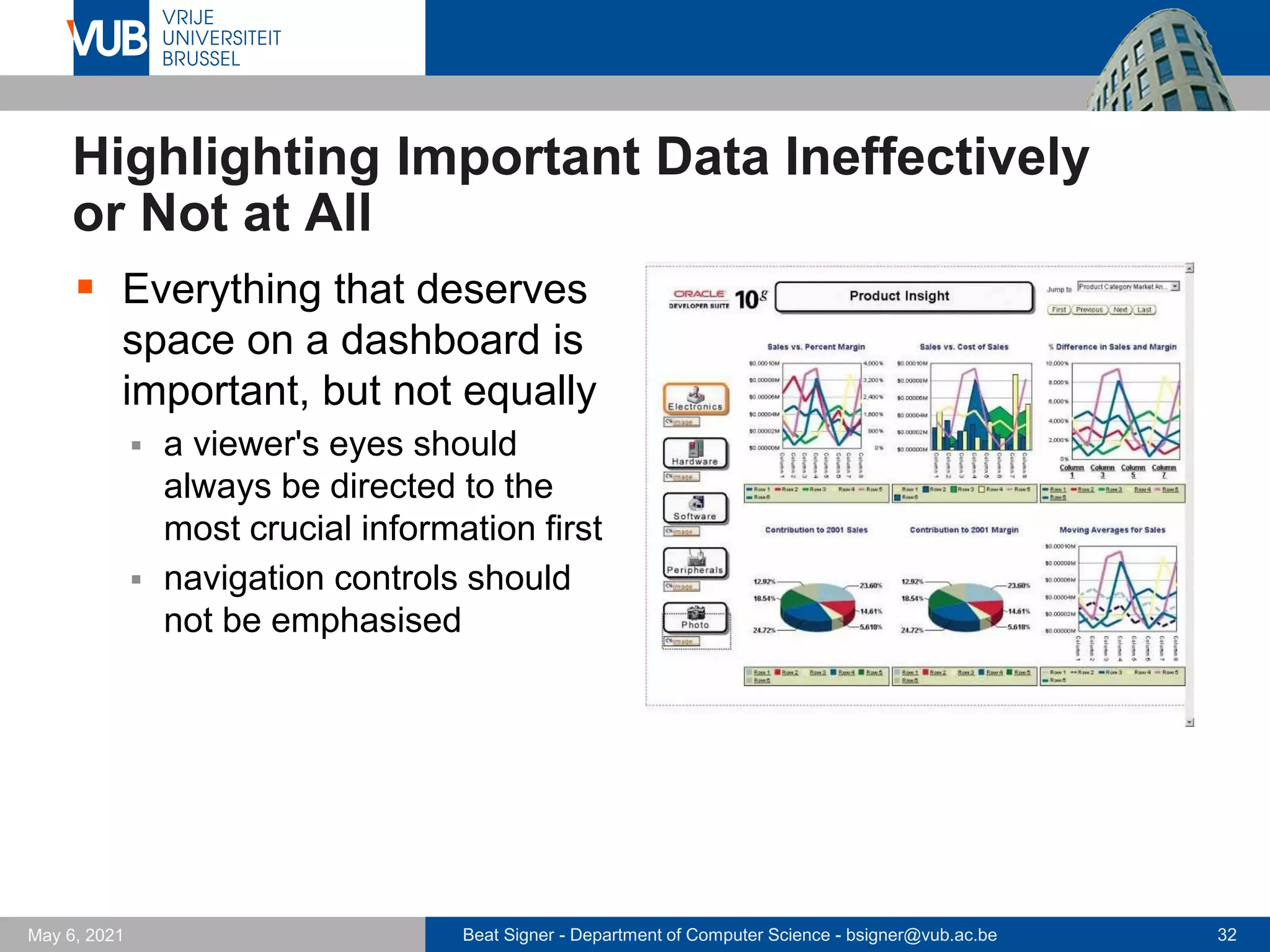 Beat Signer - Department of Computer Science - bsigner@vub.ac.be 32
May 6, 2021
Highlighting Important Data Ineffectively
or Not at All
▪ Everything that deserves
space on a dashboard is
important, but not equally
▪ a viewer's eyes should
always be directed to the
most crucial information first
▪ navigation controls should
not be emphasised
 