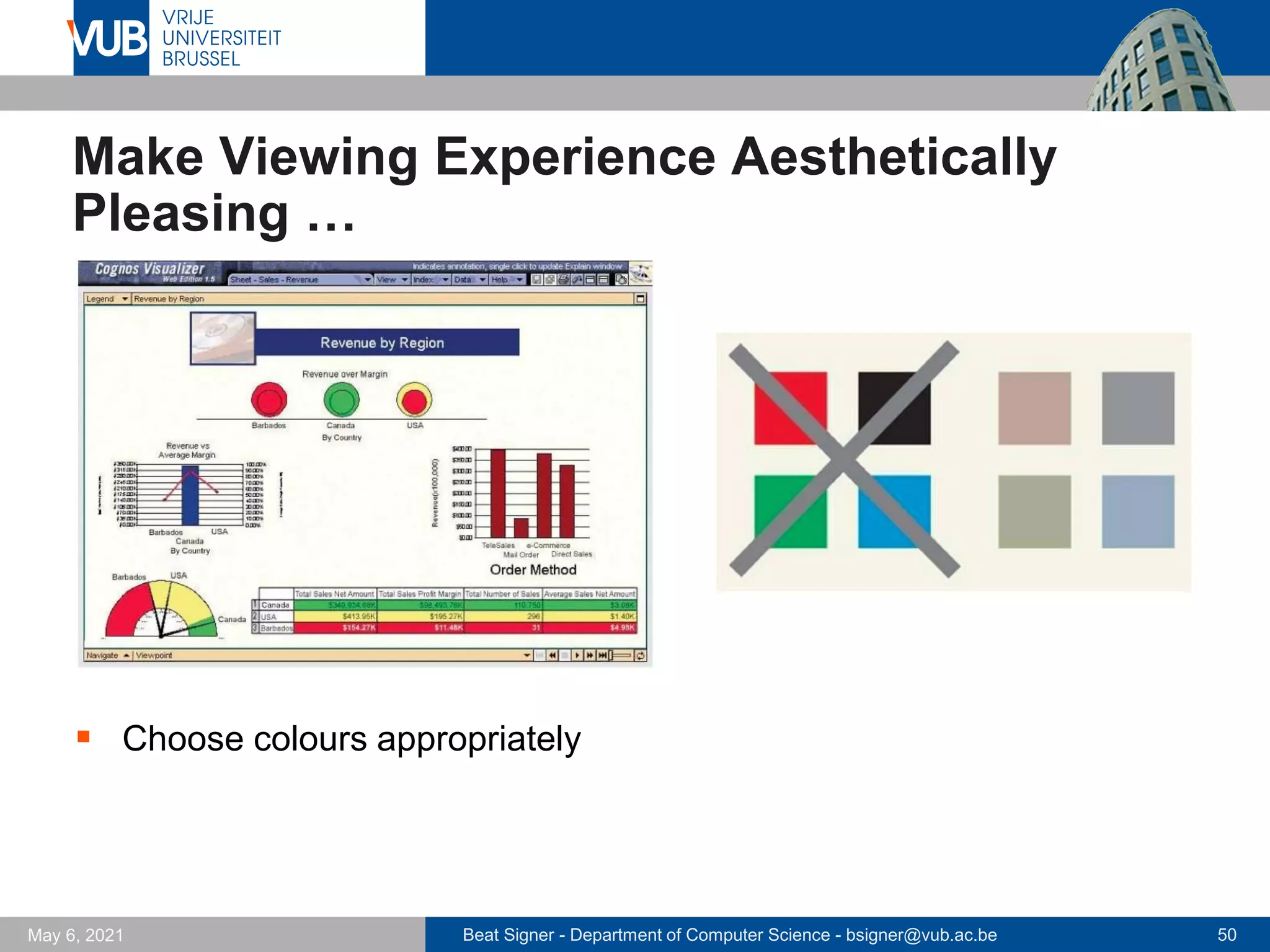 Beat Signer - Department of Computer Science - bsigner@vub.ac.be 50
May 6, 2021
Make Viewing Experience Aesthetically
Pleasing …
▪ Choose colours appropriately
 