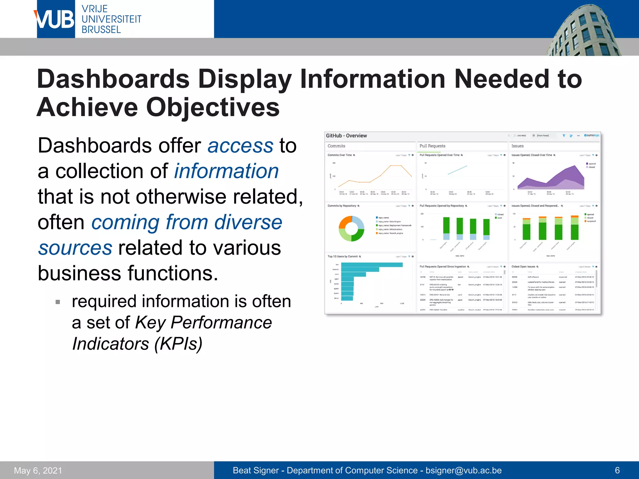 Beat Signer - Department of Computer Science - bsigner@vub.ac.be 6
May 6, 2021
Dashboards Display Information Needed to
Achieve Objectives
Dashboards offer access to
a collection of information
that is not otherwise related,
often coming from diverse
sources related to various
business functions.
▪ required information is often
a set of Key Performance
Indicators (KPIs)
 