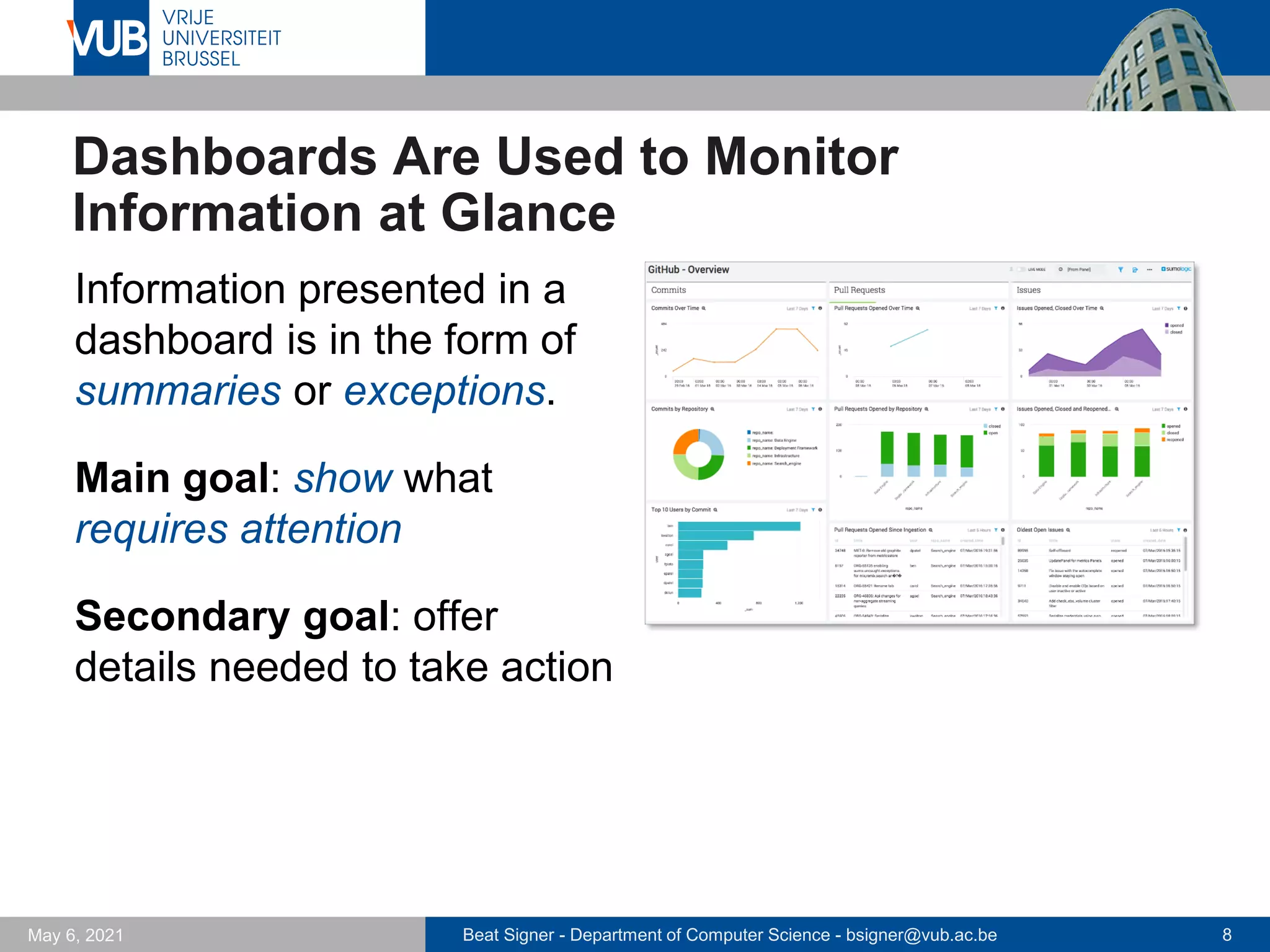 Beat Signer - Department of Computer Science - bsigner@vub.ac.be 8
May 6, 2021
Dashboards Are Used to Monitor
Information at Glance
Information presented in a
dashboard is in the form of
summaries or exceptions.
Main goal: show what
requires attention
Secondary goal: offer
details needed to take action
 