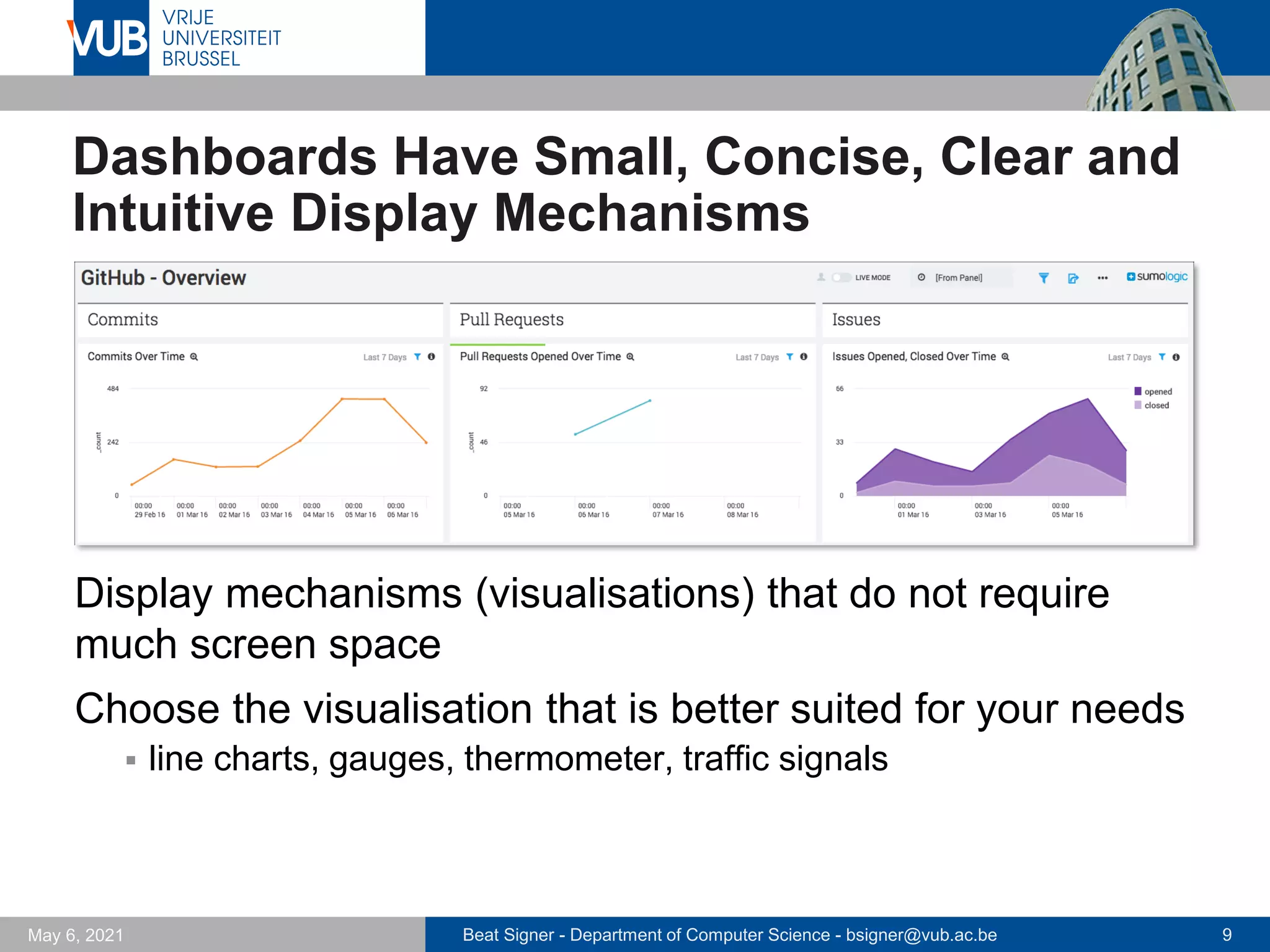 Beat Signer - Department of Computer Science - bsigner@vub.ac.be 9
May 6, 2021
Dashboards Have Small, Concise, Clear and
Intuitive Display Mechanisms
Display mechanisms (visualisations) that do not require
much screen space
Choose the visualisation that is better suited for your needs
▪ line charts, gauges, thermometer, traffic signals
 